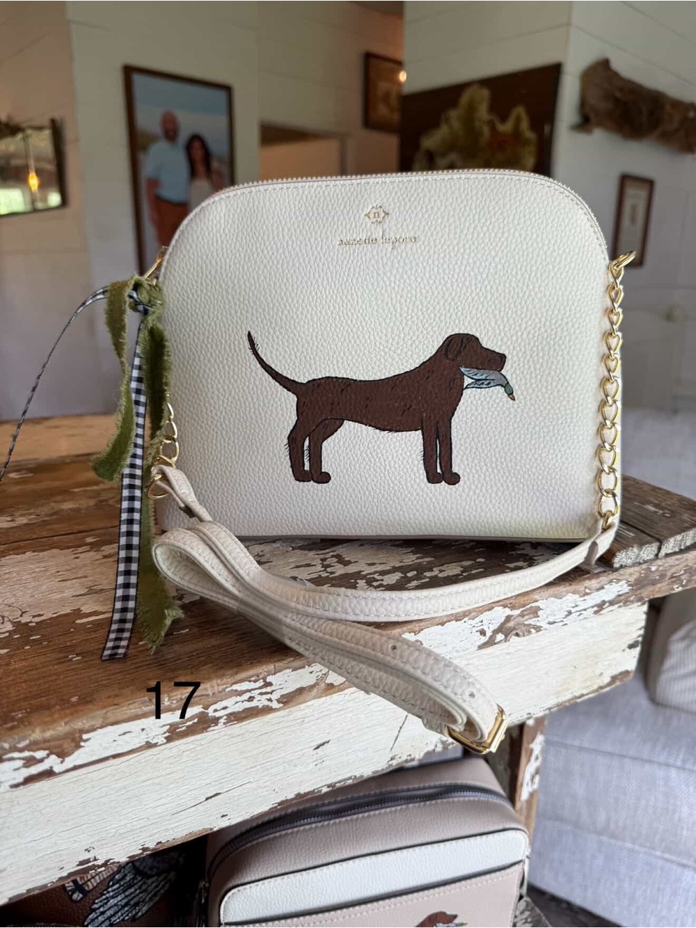 nanette lepore cream leather crossbody with handpainted brown lab/bird